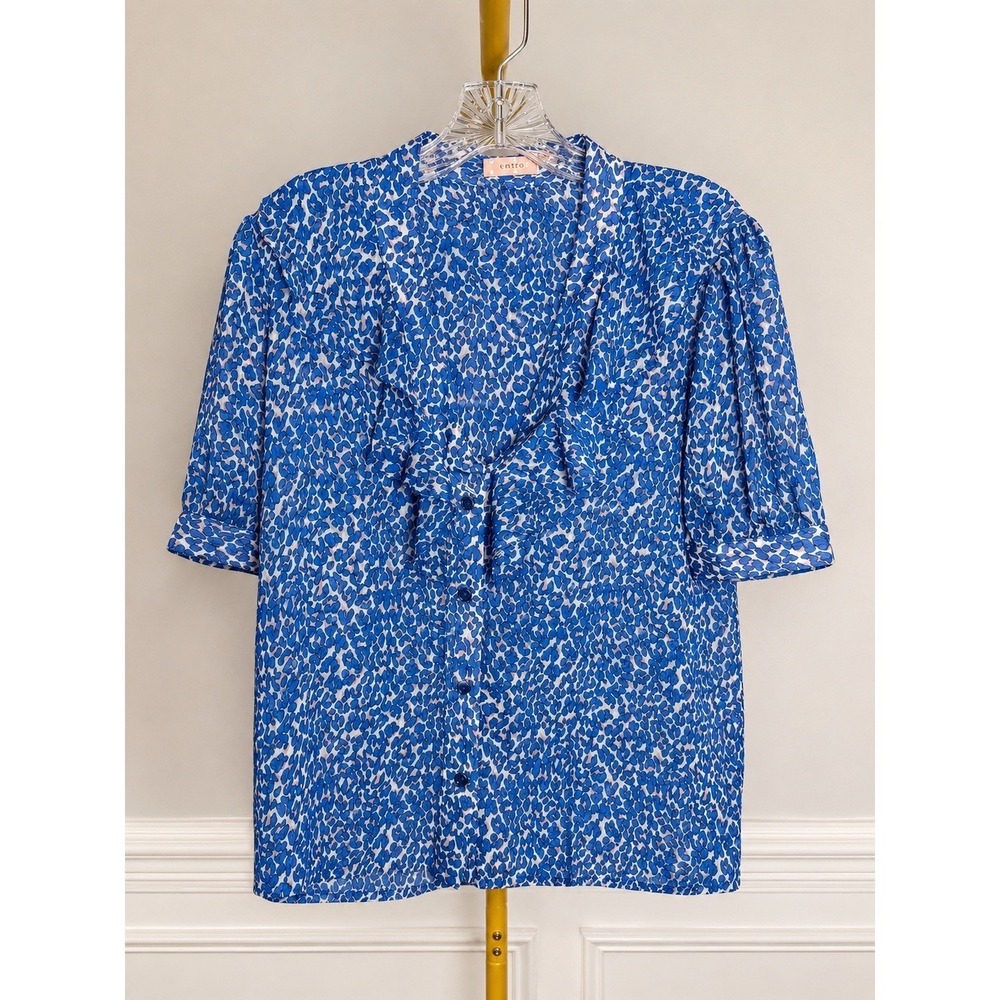 Traffic People Animal Print Ruffle Blouse Women M Blue Metallic Button Down